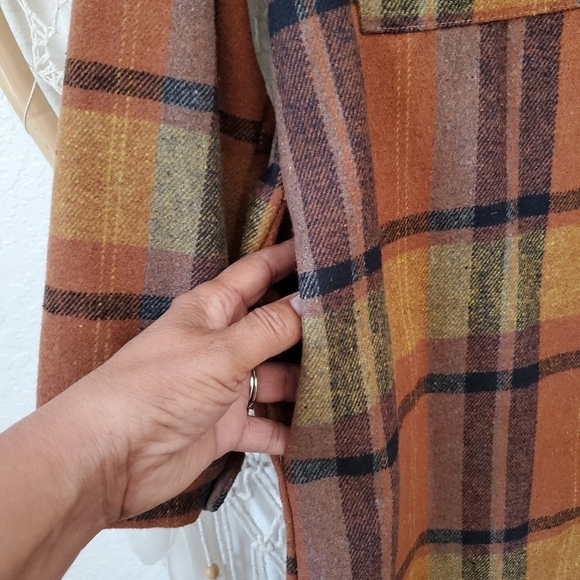 Flannel Shacket Long Plaid Oversized Brown Western Chore Cozy Medium - Picture 4 of 8